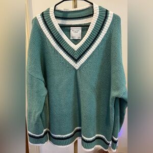 Abercrombie & Fitch Green and White Varsity Sweater Large